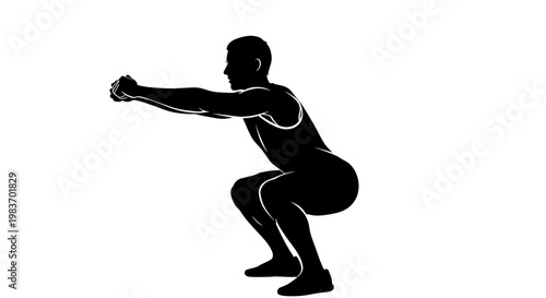 Silhouette of a Man Performing a Squat Exercise with Extended Arms for Balance