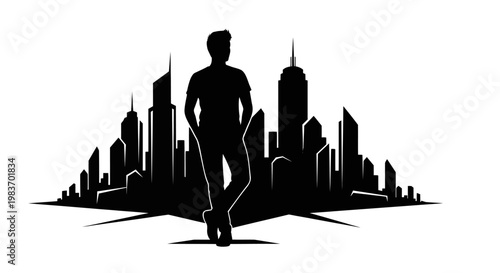 Silhouette of a Man Standing Before a Modern Cityscape with Tall Buildings
