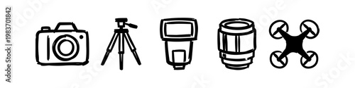 Hand-drawn doodle set of photography and videography equipment icons including a camera, tripod, flash, lens, and drone. Ideal for creative projects and graphic design elements.