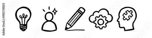 Hand-drawn icons representing ideas, creativity, inspiration, cloud processing, and problem-solving. Black and white doodle style conceptual illustrations.