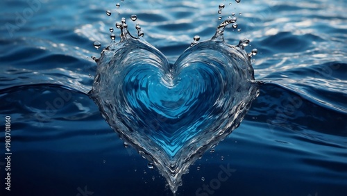 A heart shape formed from a splash of water against a deep blue water background. This symbol conveys purity, love, and the refreshing essence of water