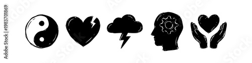 Set of hand-drawn mental health and psychology icons including yin yang, broken heart, storm cloud, head with gear, and hands holding a heart, perfect for emotional wellness and therapy concepts.