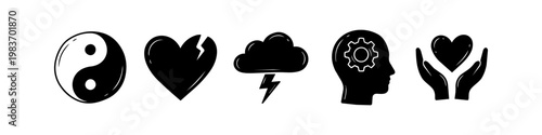 Set of black and white mental health and psychology icons including yin yang, broken heart, storm cloud, brain gear, and supportive hands. Symbolic vector set for emotional well-being and therapy.