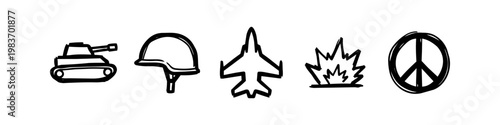 Black and white hand-drawn doodle icons featuring a tank, military helmet, fighter jet, explosion, and peace symbol representing the contrast between war and peace.