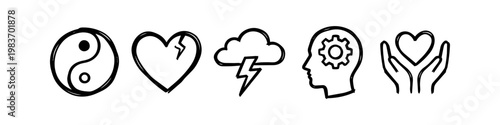 Hand-drawn mental health and psychology icon set featuring yin yang, broken heart, storm cloud, brain gear, and caring hands symbols. Minimalist black ink doodle style on white background.