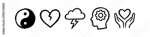 Hand-drawn mental health icon set featuring yin yang, broken heart, storm cloud, head with gear, and caring hands. Black doodle style symbols for psychology, emotions, and wellness.