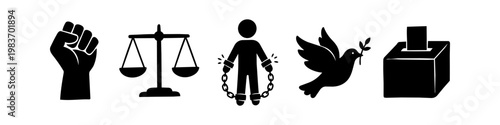 Black icons symbolizing human rights, social justice, and democracy, including a raised fist, scales of justice, broken chains for freedom, peace dove, and a ballot box for voting.