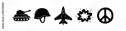 Set of hand-drawn military and anti-war icons featuring a tank, army helmet, fighter jet, explosion, and peace sign. Black and white minimalist doodle illustrations on white background.