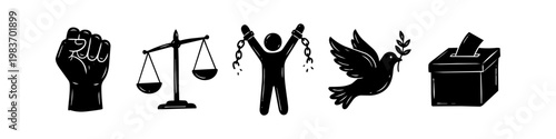 Hand-drawn black icons on white representing human rights, justice, freedom, and democracy: a raised fist, scales of justice, broken chains, peace dove, and ballot box.