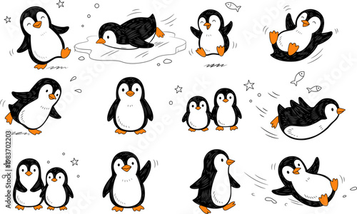 Cute Penguin Cartoon Doodle Set - Cute Penguin Cartoon Set Hand Drawn Doodle Vector Collection Kawaii Animal Illustration