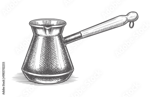 Hand drawn cezve coffee pot with wooden handle white kitchen cooking