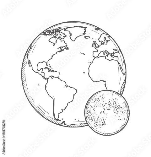 Hand drawn of planet earth and moon in black and white space astronomy