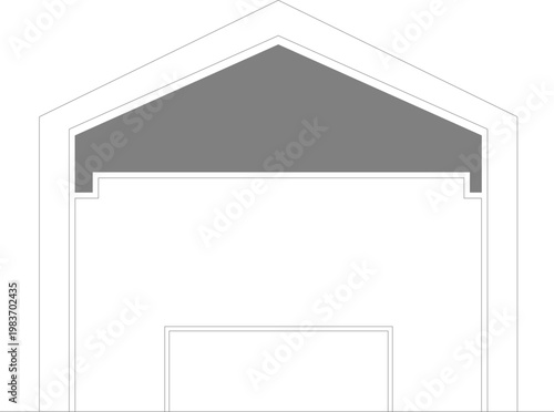 Technical architectural elevation drawing of a classical building facade featuring a gable roof with triangular pediment and a simple rectangular entrance doorway.