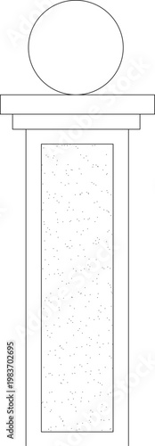 Technical architectural elevation drawing of a decorative column featuring a spherical finial on top, capital, and a tall rectangular shaft with stippled texture.