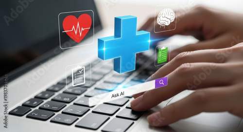 Person using laptop talking AI Artificial intelligence chatbot healthcare analysis assistant innovation medicine diagnosis hospital patient clinic automation robot support