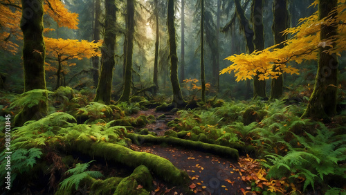 Enchanted forest path bathed in dappled sunlight, surrounded by moss-covered trees and vibrant ferns. Autumn leaves create a carpet of gold and orange on the forest floor.