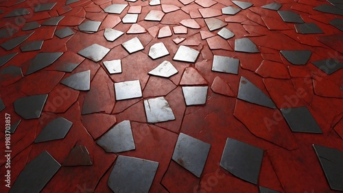 An abstract pattern of geometric shapes and textures in red and silver, creating a visually striking and modern design