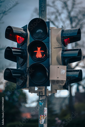 Rote Fußgängerampel mit Hexen-Motiv in Wernigerode, typische Ampelhexe im Harz