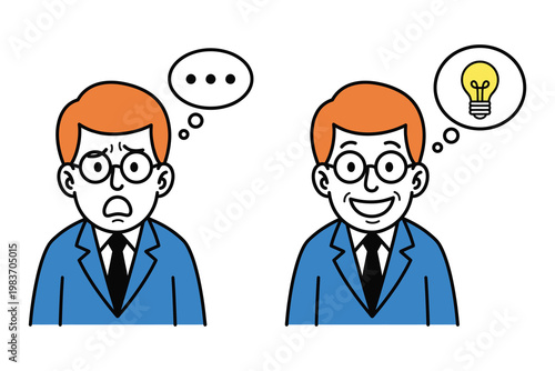 Man with worried expression contrasted with man having a brilliant idea eureka moment problem solving thinking