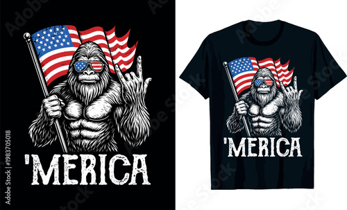 Merica Bigfoot Patriotic T-Shirt Design