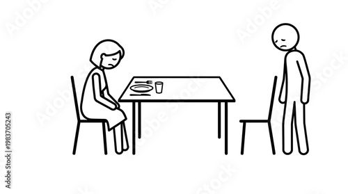 Sad Couple at Table in Simple Line Drawing