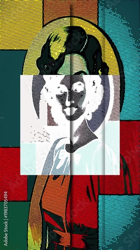 Colorful pop art depiction of a person with a unique contrasting hues and halftone patterns