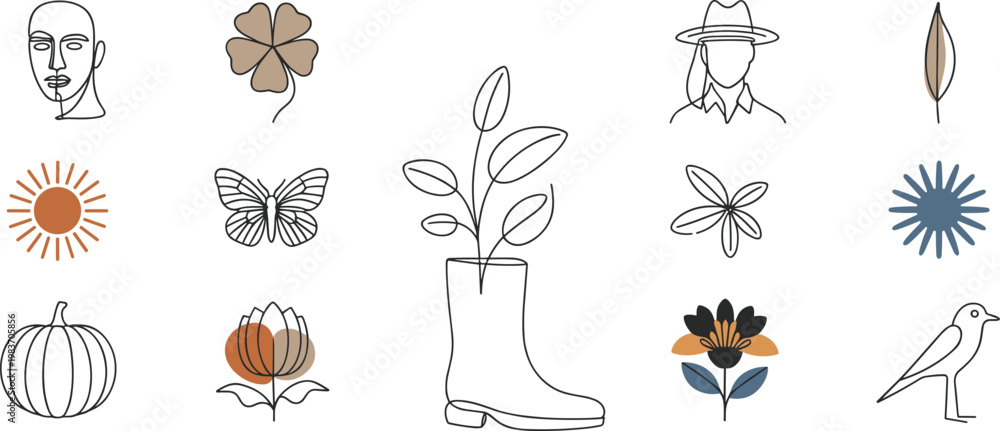 Obraz premium Abstract and Line Art Icons of Nature and Figures symbol