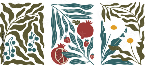 Abstract Botanical Illustrations with Pomegranates and Berries Keywords: abstract, botanical