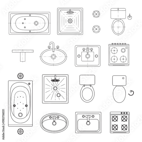 Bathroom Fixtures and Plumbing Top-View Icons for Architectural Floor Plans and Interior Design