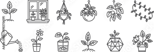 Plant growth and care icons line art seedling sprout