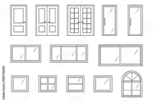 Architectural Line Drawing of Interior and Exterior Doors and Windows Set, Vector Frames, CAD design