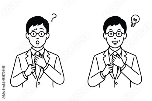 Businessman illustration showing from confusion with a question mark to having an idea with a light bulb, businessman