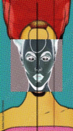Colorful pop art depiction of a person with a unique contrasting hues and halftone patterns