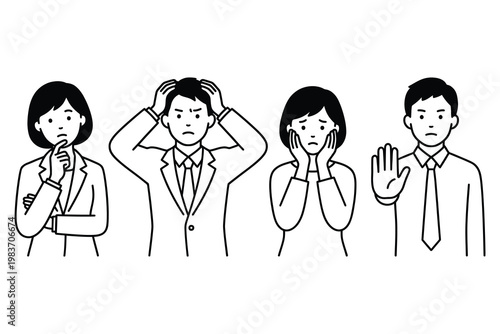 Group of business people expressing negative emotions including stress worry confusion and refusal in line art