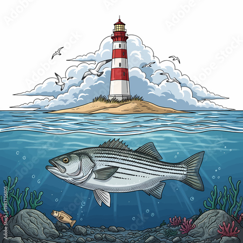 Striped bass swimming underwater with a lighthouse on an island in the background.