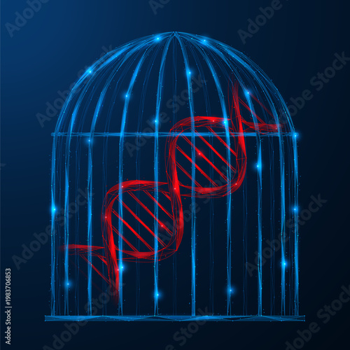Limited genetic access. The DNA helix is enclosed inside a digital wire cage. The concept of control, restriction, or confidentiality of genetic data. Polygonal design, blue background.