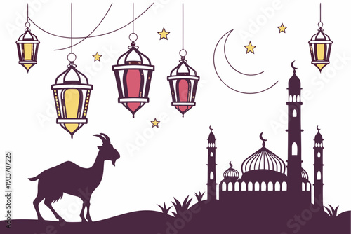 A vector graphic illustration of a goat standing in front of a mosque with hanging lanterns and stars in the night sky