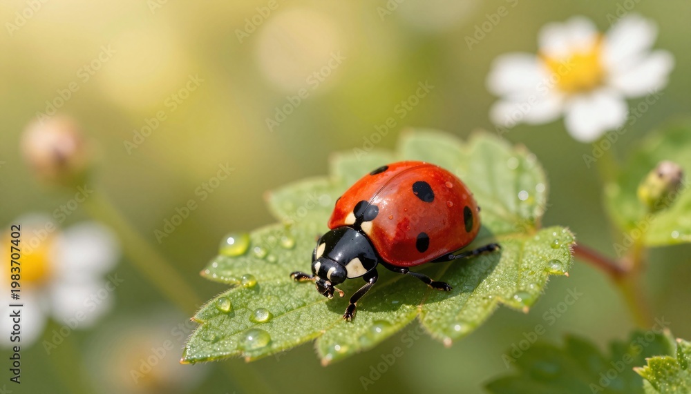 Obraz premium Close-up of a red ladybug with black spots on a dewy green leaf beside small white flowers