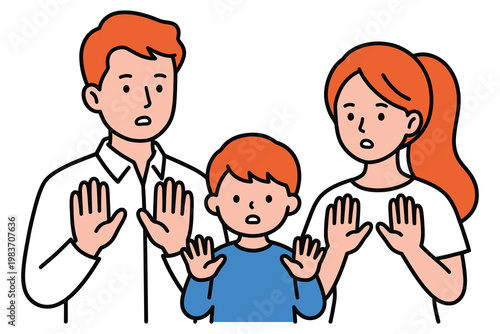 Family with father mother and son gesturing stop with their hands up in a protective or refusing motion, protection