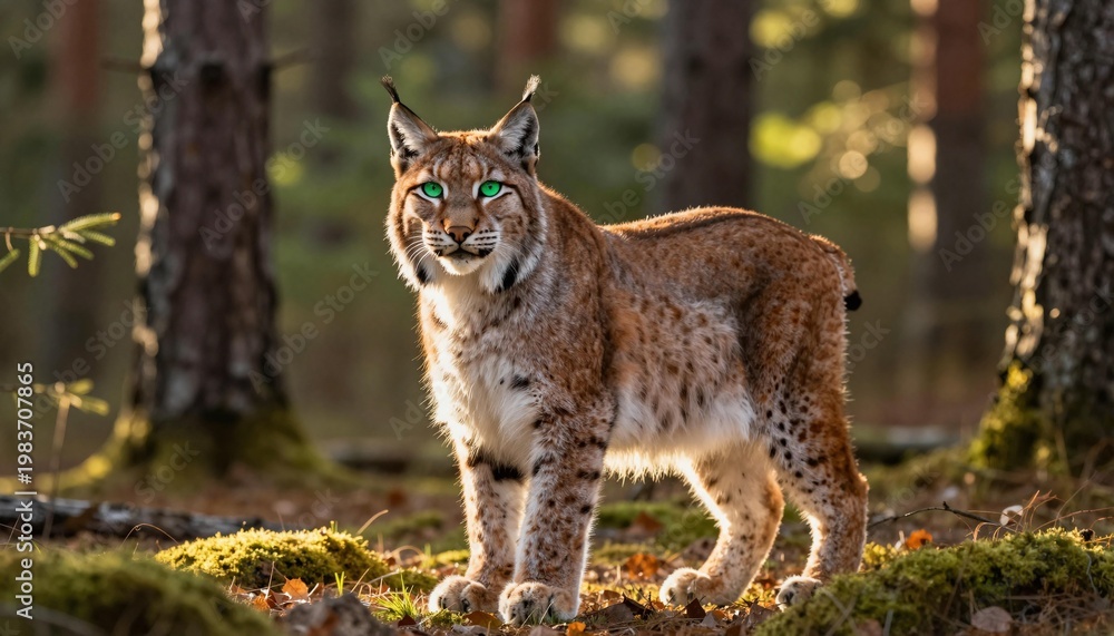 Fototapeta premium Eurasian lynx standing alert on a mossy forest floor with sunlight filtering through pine trees