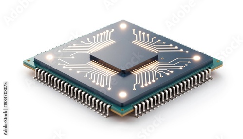 Close-up 3D render of a microchip processor on a circuit board with exposed pins and glowing circuit traces
