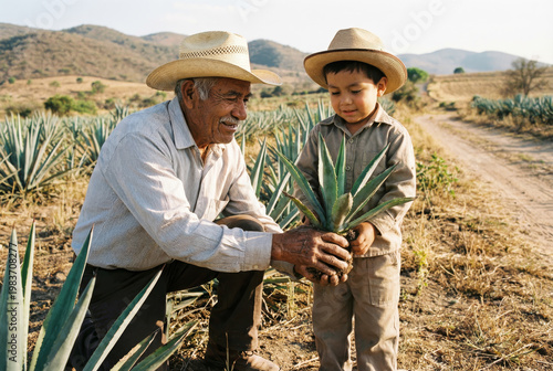 Elderly man and Child, multigenerational people working together planting a maguey plant in a natural mexican area, grandfather and grandson beautiful mexico scene