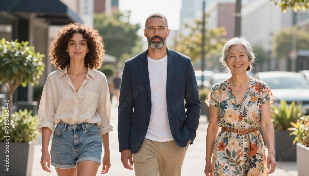 Naklejka premium Multigenerational diverse adults confidently walking together on a sunny urban street