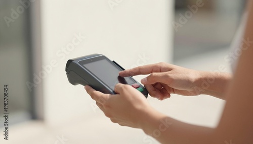 Hands operating a handheld card payment terminal, finger touching the touchscreen during a retail transaction