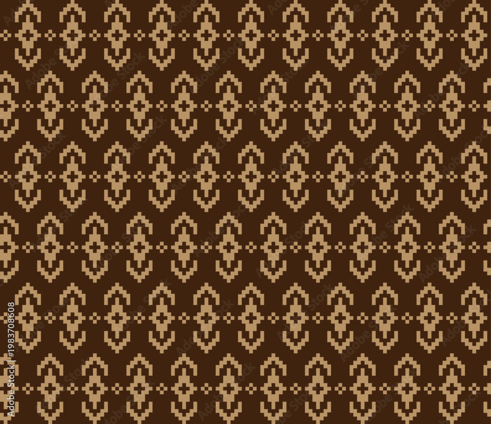 Fototapeta premium Seamless retro pixel art textile pattern with traditional folk geometric motifs on brown background.