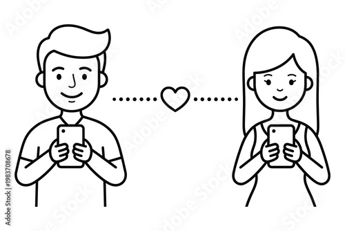 Couple using smartphones for online dating and messaging line art illustration with smartphone relationship connection