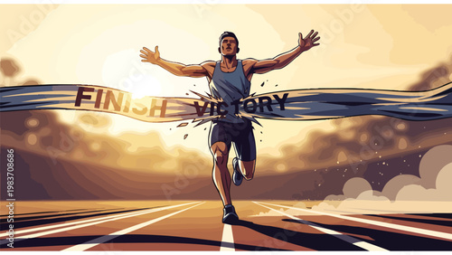 Runner Crossing Finish Line Victorious, Sports Achievement, Race Win Concept