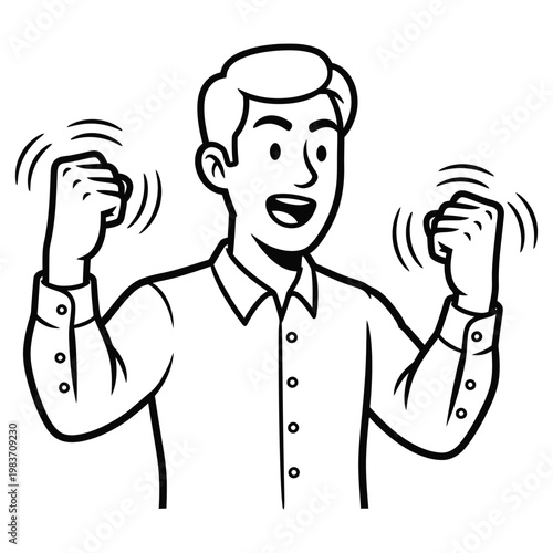 Enthusiastic man cheering with raised fists celebrating success and victory vector illustration line art cheering