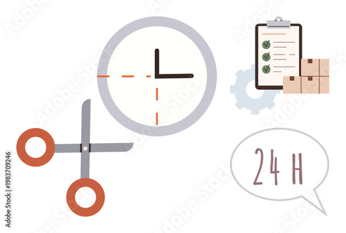 Time management, productivity, delivery, workflow, logistics, packaging. Clock, scissors checklist clipboard and boxes with a 24-hour icon. Time management and productivity concepts