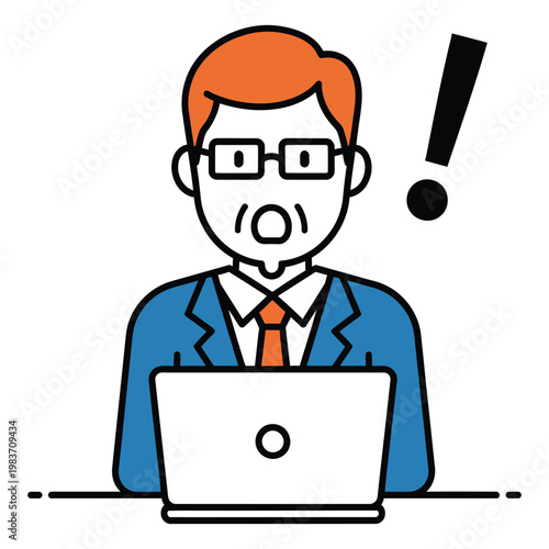 Surprised businessman shocked by data on laptop screen with exclamation mark vector illustration businessman computer